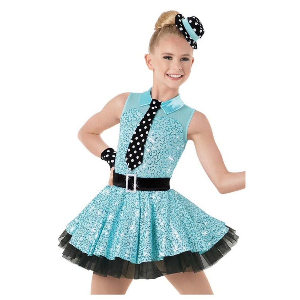 Weissman Kids Turquoise Sequin Dance Costume Polka Dot Tie Hat Set size- SA
